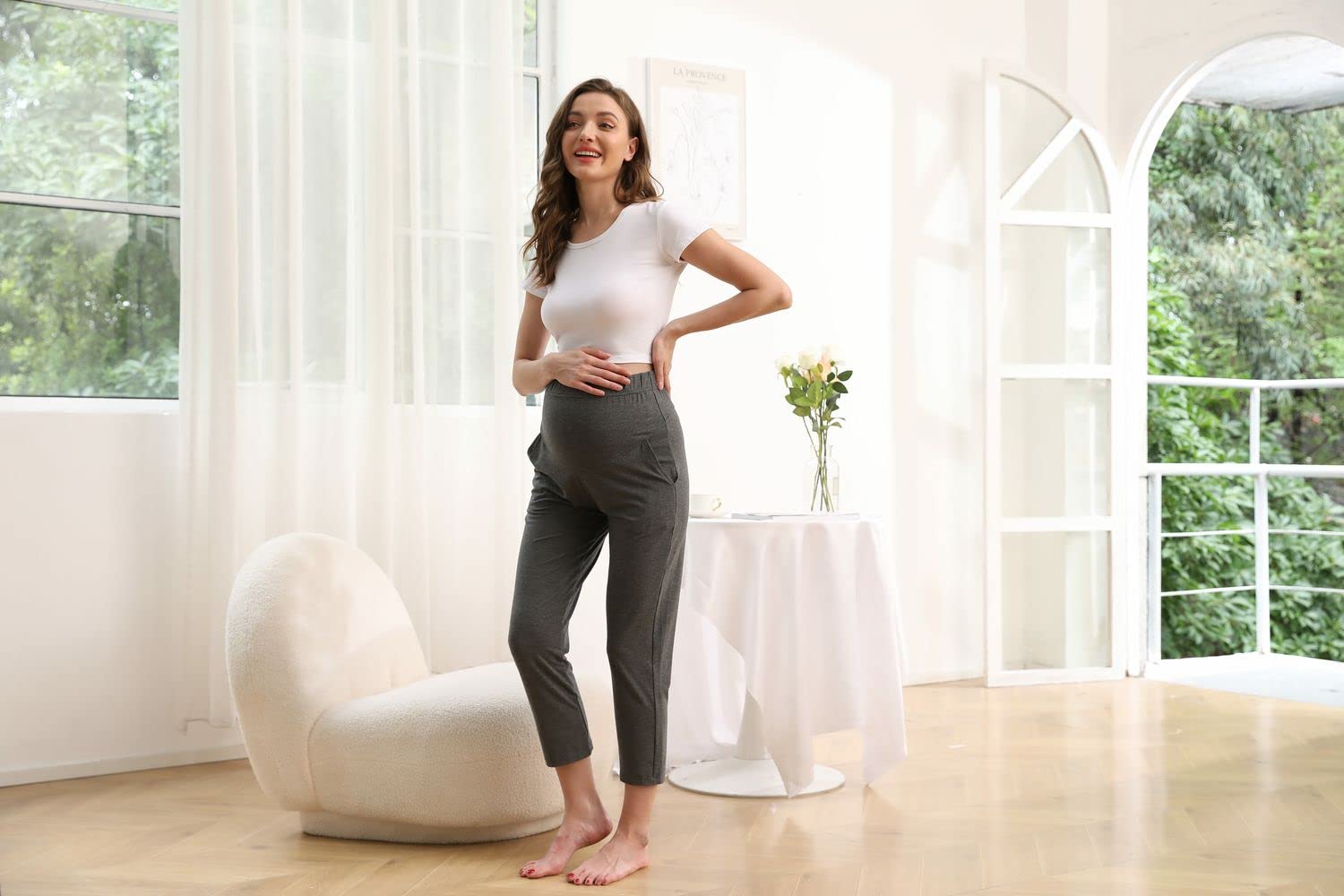 Pantalones de maternidad para embarazo, pantalones elásticos sobre el vientre, ropa deportiva para maternidad, pantalones deportivos con bolsillos