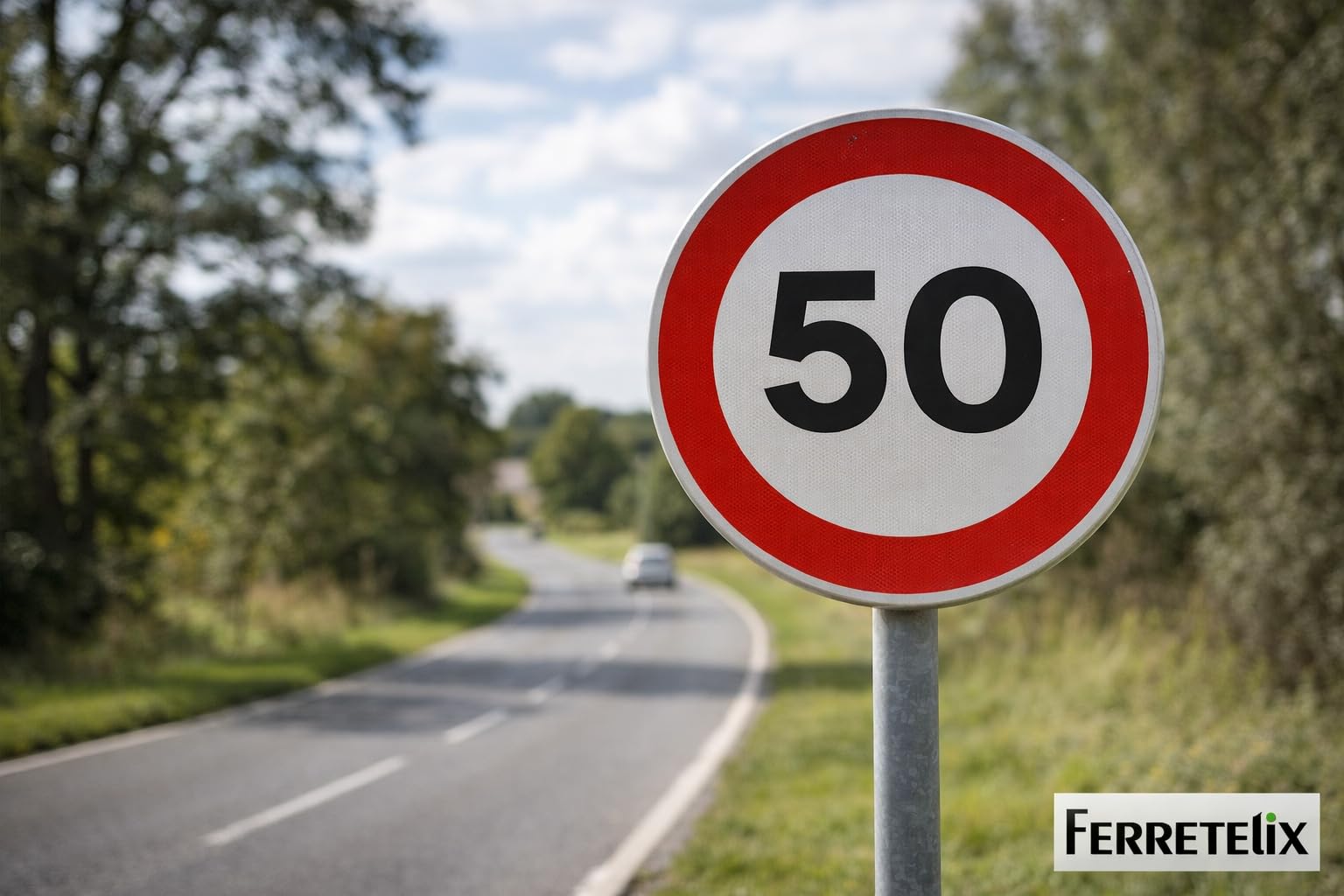 FERRETELIX® Señal de Tráfico Metálica Homologada R-301 | Velocidad Máxima 50 km/h | Tipo MOPU | Reflectante Nivel 1 | Uso Profesional en Vías y Entornos Urbanos