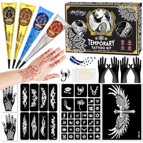 Temporary Tattoo Stencil Kit 4 Pcs Tattoo Cones 4 Color (Black/Maroon/Cherry Red/Blue) 44 Tattoos Templates with Cotton Swabs DIY Body Art Skin Painting Designs for Women Men Adults Kids Gifts