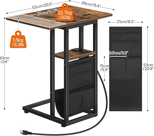 Miniatura 3 de HOOBRO Mesa auxiliar en forma de C con estación de carga, mesa auxiliar plegable con bolsa de tela, mesa de sofá, mesa de café, mesa de aperitivos