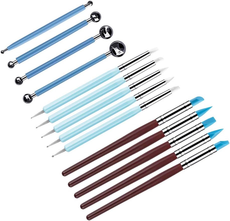 Clay Sculpting Tools Set 14 Pcs,Sageme 10 Pcs Modeling Clay Rubber Brushes Silicone Sculpting and 4 Pcs Polymer Clay Balls Tools Double Ended Dotting Tool Kit (14 Pcs Kit)