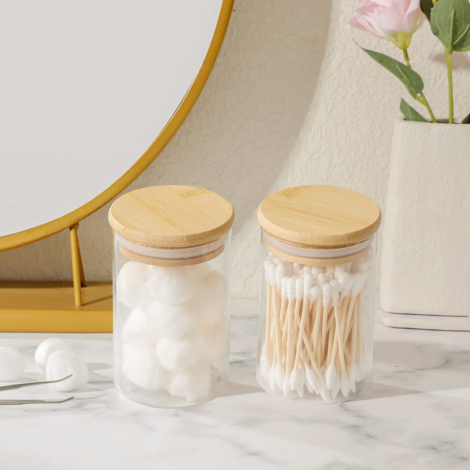 Heagoale 2 Pack of 10 oz Small Qtip Holder Dispenser Glass Apothecary Jars with Lids Set Bathroom Storage Containers for Cotton Ball, Cotton Swab, Cotton Pad, Floss, Clear