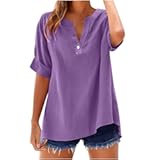 Linen Shirts for Women Solid V Neck Roll up Sleeve Tee Vacation Boho Summer Tops Vintage Beach Blouse Travel Clothes