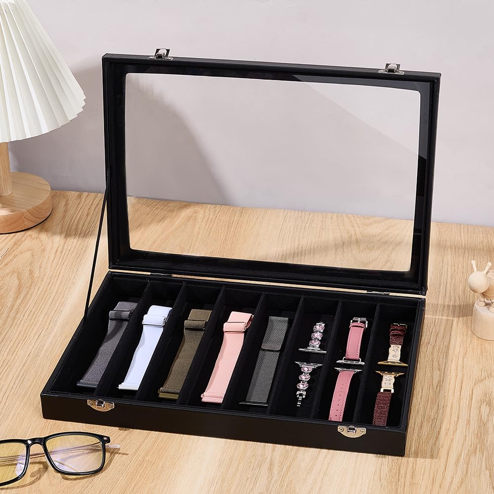PH PandaHall 8 Slot Organizer di Cinturini per Orologio in Legno Scatola Porta Cinturini Orologi Nero con Finestra Trasparente Espositivo per Orologi per Riporre Gioielli