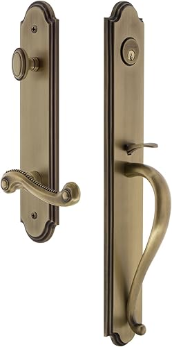 Miniatura 2 de Grandeur 849795 Juego de manijas de arco de hardware de una pieza con mango S y palanca Newport, juego de entrada ficticia, bronce atemporal