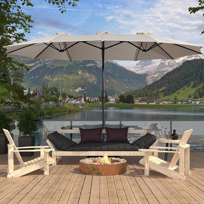 Image of THESHELTERS - 15ft Large Outdoor Umbrella Double-Sided Patio Umbrella with 65Kg Movable Stand, Crank Handle, 12 Ribs Rectangular Garden Umbrella for Patio Graden, Poolside, Terrace, Cafe and Hotels