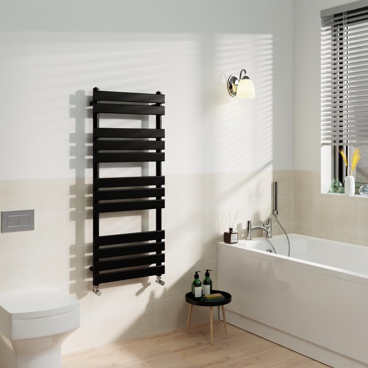 Warmehaus Black Flat Panel Heated Towel Rail Radiator Ladder Rad Central Heating Towel Warmer For Bathroom Kitchen 1200X500mm