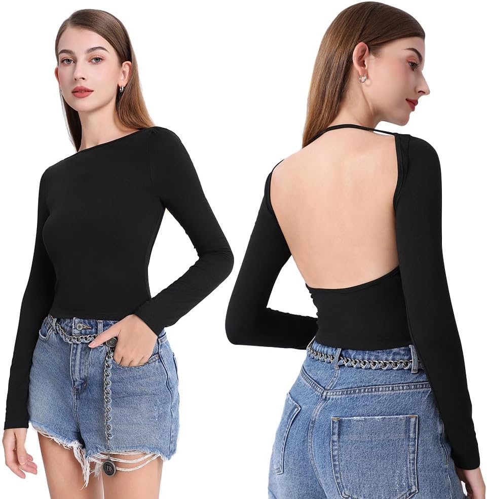 Girls’s Attractive Backless High Lengthy Sleeve T-Shirt Elegant Reduce Out Crop High Slim Match Lengthy Sleeve Shirt Ribbed Plain Aesthetic Primary Informal Backless High Tee Shirts Streetwear