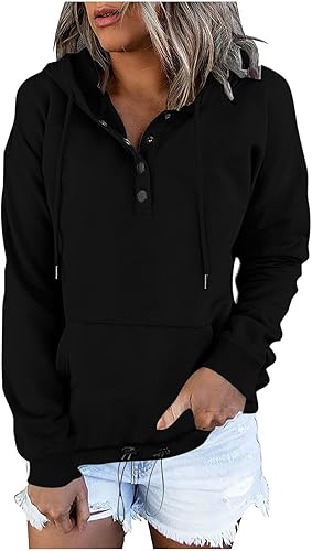 SMIDOW Sudadera con capucha para mujer, con botones, de moda, con cordón, color liso, bonita, cómoda, sin botones