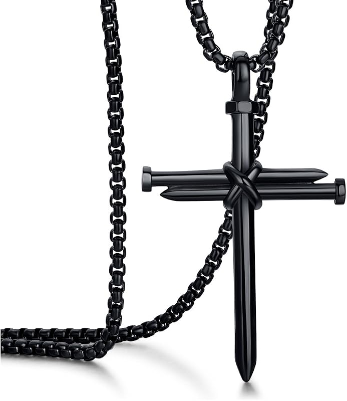 Collar con colgante de cruz de uñas de acero inoxidable para hombre con cadena de 24 pulgadas | Diseño de modelado de cruz de uñas de moda pulido negro oro plata