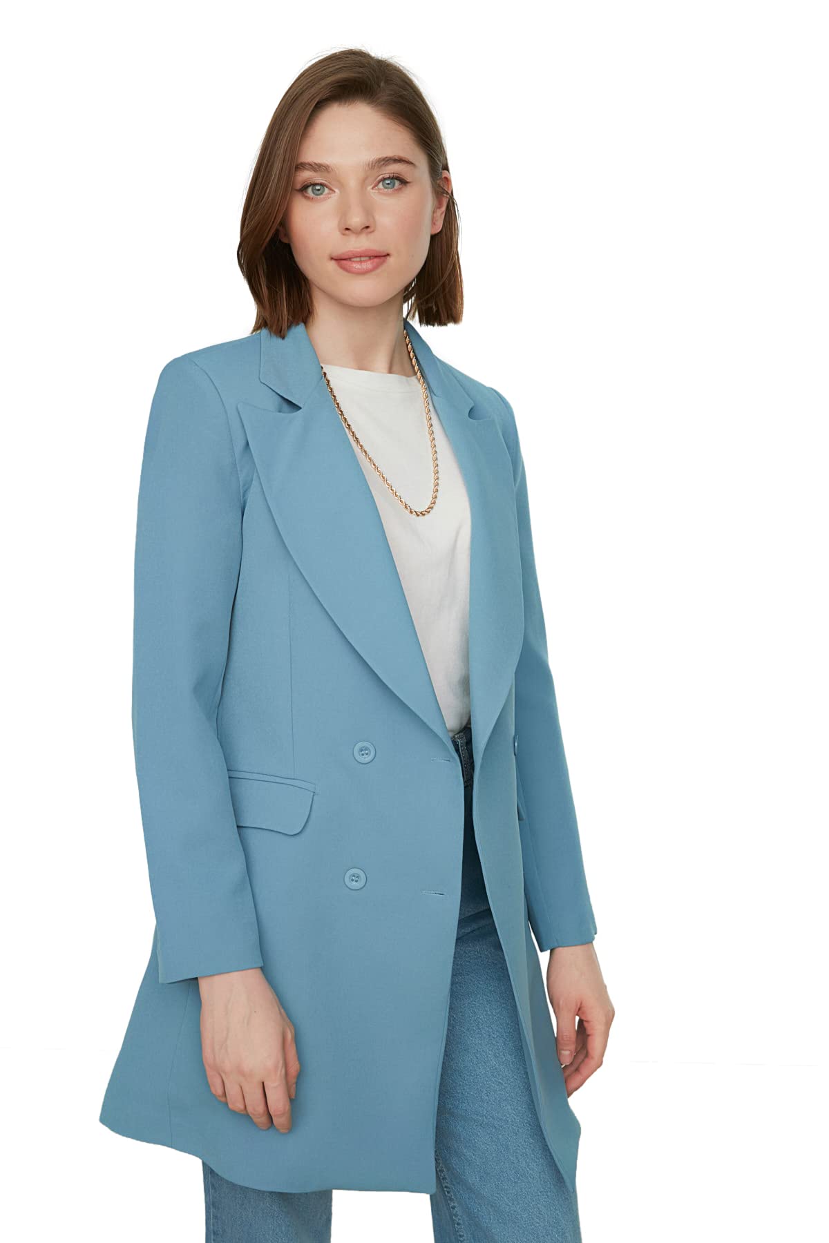 Trendyol Women Modest Regular Double-Breasted Lapel Collar Woven Modest Jackets & Vests Blue