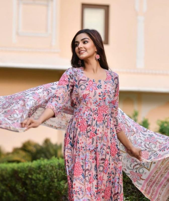 Image of PRISTINO Women's Rayon Floral Print Anarkali Kurta And Trouser With Dupatta Set