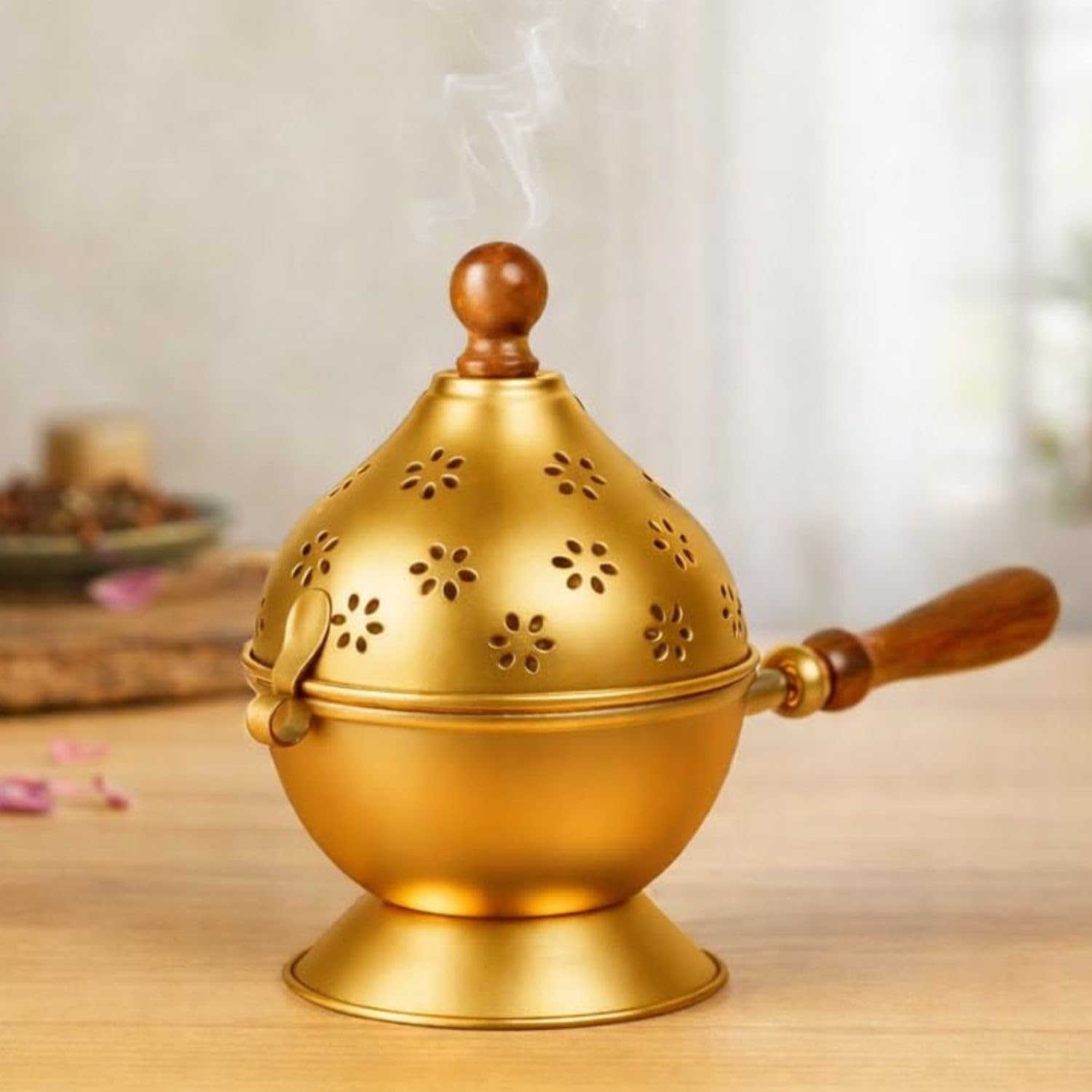 Premium Metal Gold Loban Dhoop Dani with Wooden Handle & Ventilated Lid Traditional Incense Burner for Home, Temple, Pooja, Meditation & Bakhoor Burner (Gummak loban Gold 1)-image-36