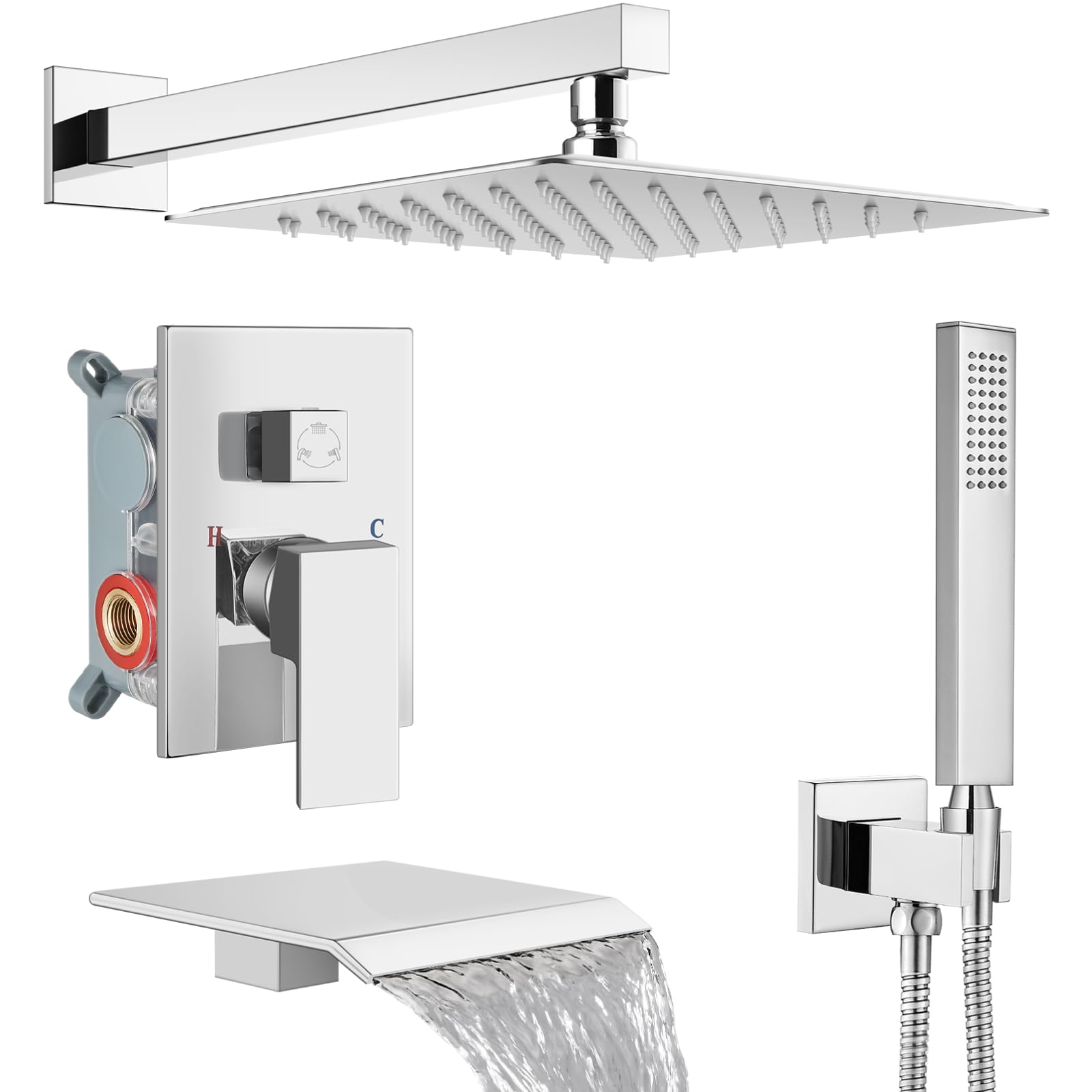 Sxithgkdw Polish Chrome Shower System With Tub Spout,Bathtub Shower Faucet Set With Square Rainfall Head And Handheld Sprayer Wall Mount Tub Faucet Set With Valve And Trim Kit,10 Inch