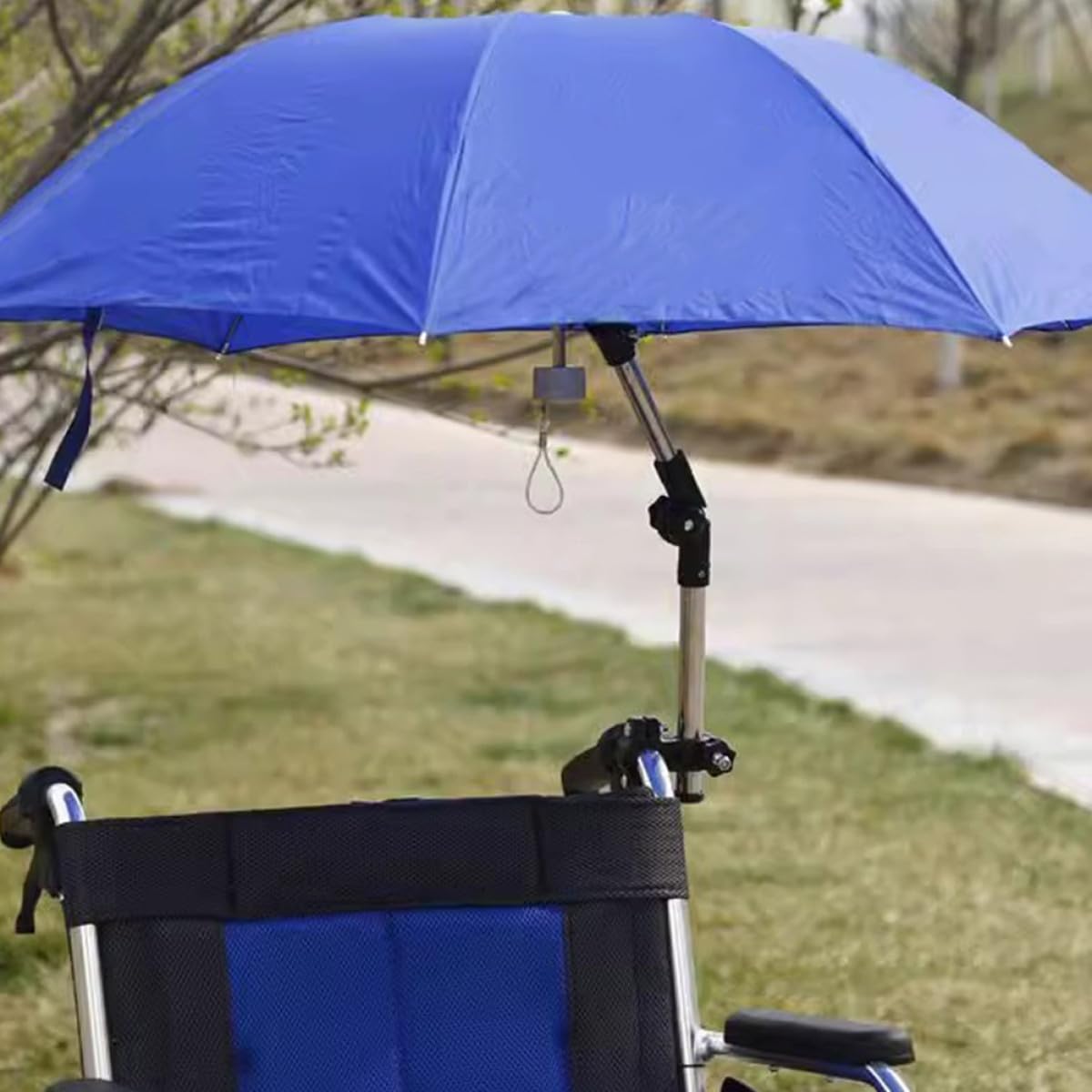 Soporte de paraguas para exteriores para usuarios de sillas de ruedas, soporte fijo de acero, protección UV y protección contra la lluvia, ideal para una vida independiente
