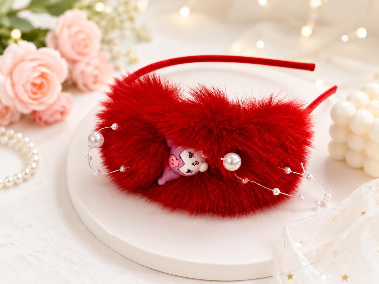 Floral Fur Hairband for Girls with Pearl Accents | Soft Fur Material, Cartoon Doll Charm, Lightweight Design, Daily & Occasion Wear, Kid Friendly-picture-18