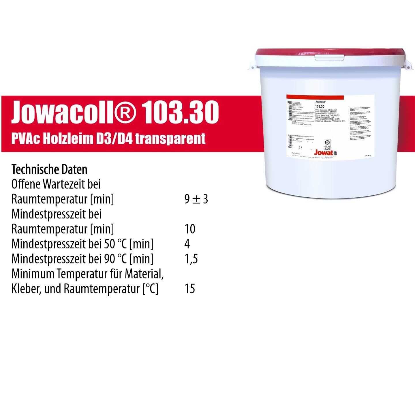 Jowat Jowacoll 103.30 25 kg Holzleim-Set inkl. Leimspachtel – Dispersionsleim für Holz, Kanten, Furniere & Möbelbau – hohe Festigkeit