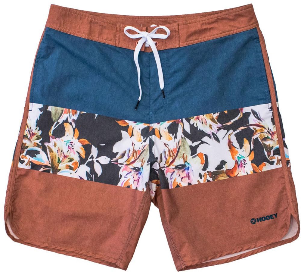 HOOEY - Youth The Shaka Classic Board Shorts with Floral Pattern, Color Blue/Orange/Orange, Size: Medium