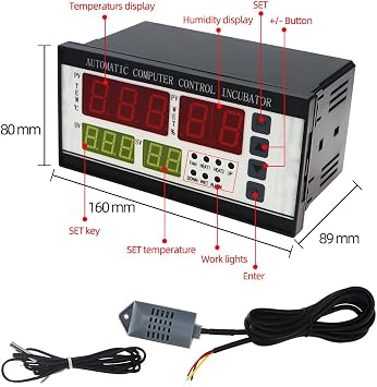 XM-18 Egg Incubator Controller with Temperature Humidity Sensor Probe Thermostat Hygrostat Full Automatic Control with Temperature Humidity Sensor Probe, 220V,110V (-10C - 60C)(16 * 9 * 8CM)