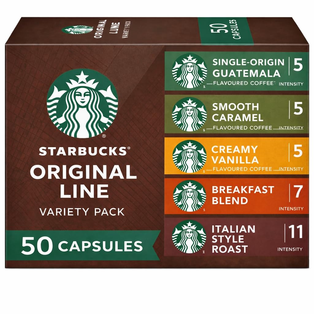 Starbucks Original Line Variety Pack Coffee Capsules – 50 Pods (10 Each) Single-Origin Guatemala, Italian Style Roast, Breakfast Blend, Smooth Caramel & Creamy Vanilla – Compatible with Nespresso Original Machines, By Cougar - (IMPORTED-UK)-image-6