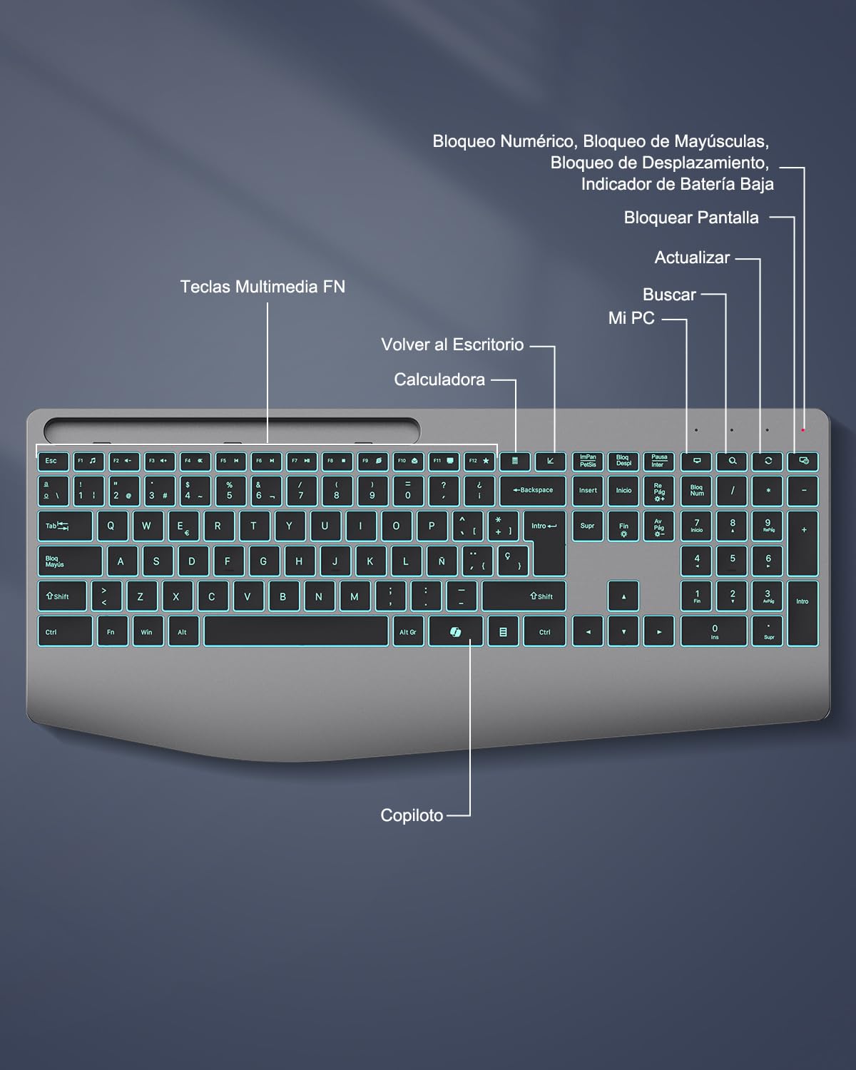 TECURS Teclado Inalámbrico Ergonómico con Reposamuñecas y Soporte para Móvil, 2.4G Teclado Silencioso Recargable, Retroiluminación, Teclado Español QWERTY para Windows 11/10/8/7/Vista/XP/PC/Laptop