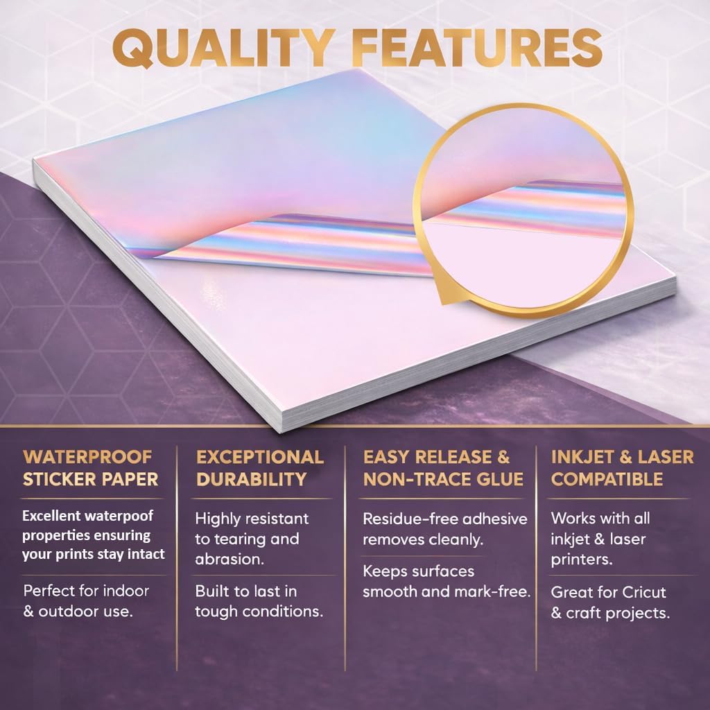 Avarrix US Printable Vinyl Sticker Paper for Inkjet & Laser Printers, Holographic Glossy, 20 Sheets, Waterproof Sticker Paper, Printable Vinyl Sheets, Quick-Dry Vibrant Colours, A4 Size