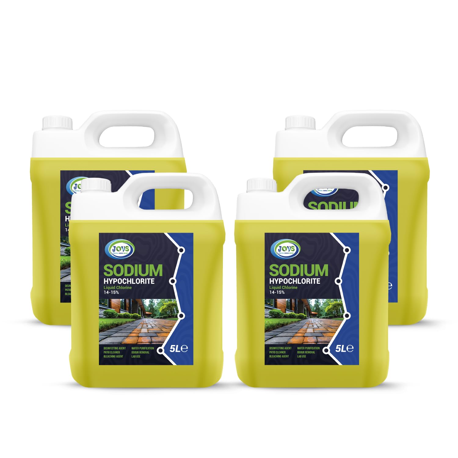 JOVS Sodium Hypochlorite 4X5L - High Strength (14-15%) Brick, Driveway & Patio Cleaner - Stain Removal | Bleaching Agent | Odour Removal