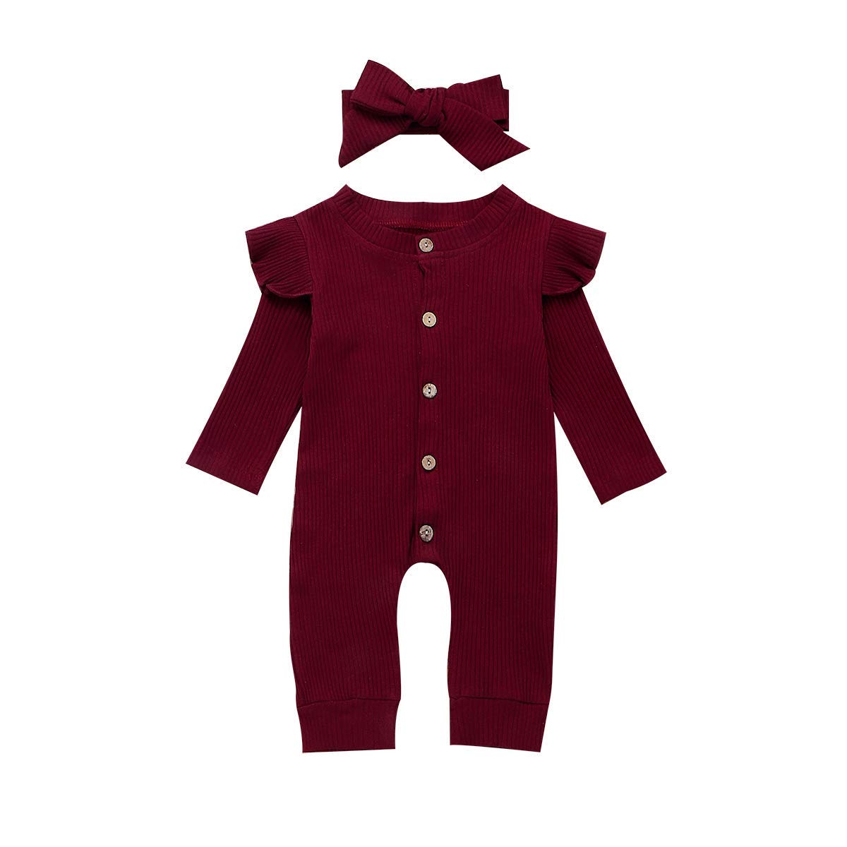 Newborn Baby Girls Boys Knitted Cotton Romper Solid Color Long Sleeve Ruffle Jumpsuit with Bow Headband