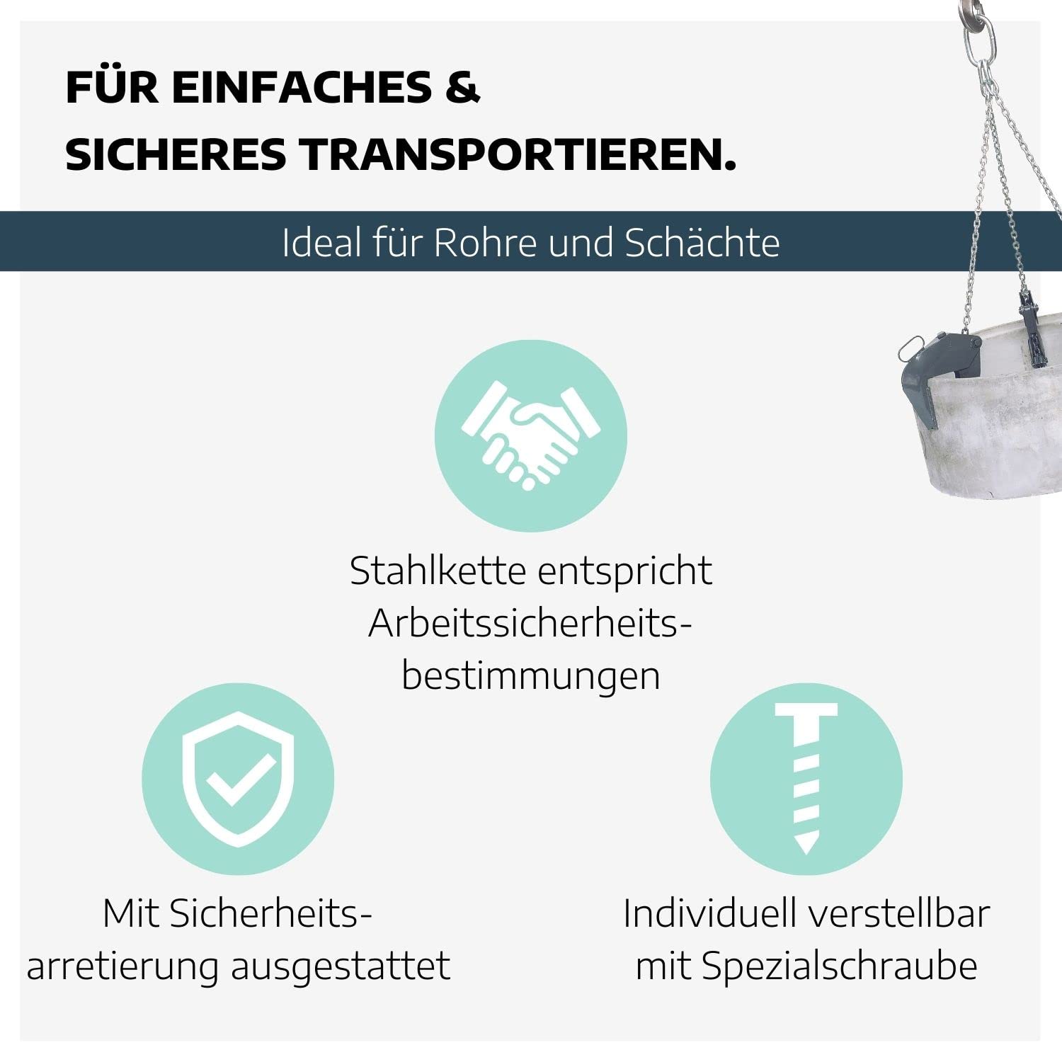 Schachtgehänge aus leichter Stahlhohlbauweise 1500kg I Kettengehänge in 170 cm für Rohre bis 200 cm Durchmesser I Anschlagkette für DIN 4034 Teil 2 I Spannbereich 0-130 mm