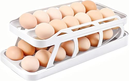 Soporte para huevos para refrigerador, dispensador de huevos rodante de 2 niveles, almacenamiento de 28 huevos, contenedor automático para