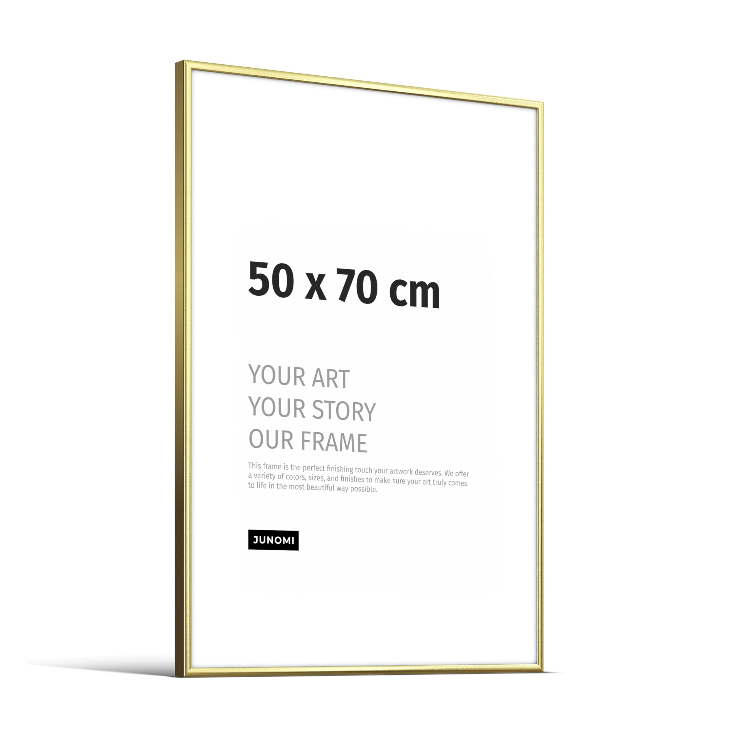 JUNOMI® Marco de fotos de 50 x 70 cm, aluminio, color dorado (brillante), decoración de pared de metal con cristal acrílico irrompible, marco de fotos de metal