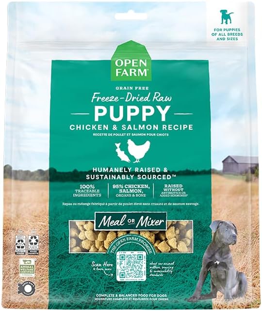 Freeze Dried Raw Puppy Food, Morsels with 95% Meat, Organs & Bone, Organic Produce & Superfoods, Complete Meal or Freeze Dried Dog Food Topper, Chicken & Salmon Puppy Recipe, 13.5oz Bag