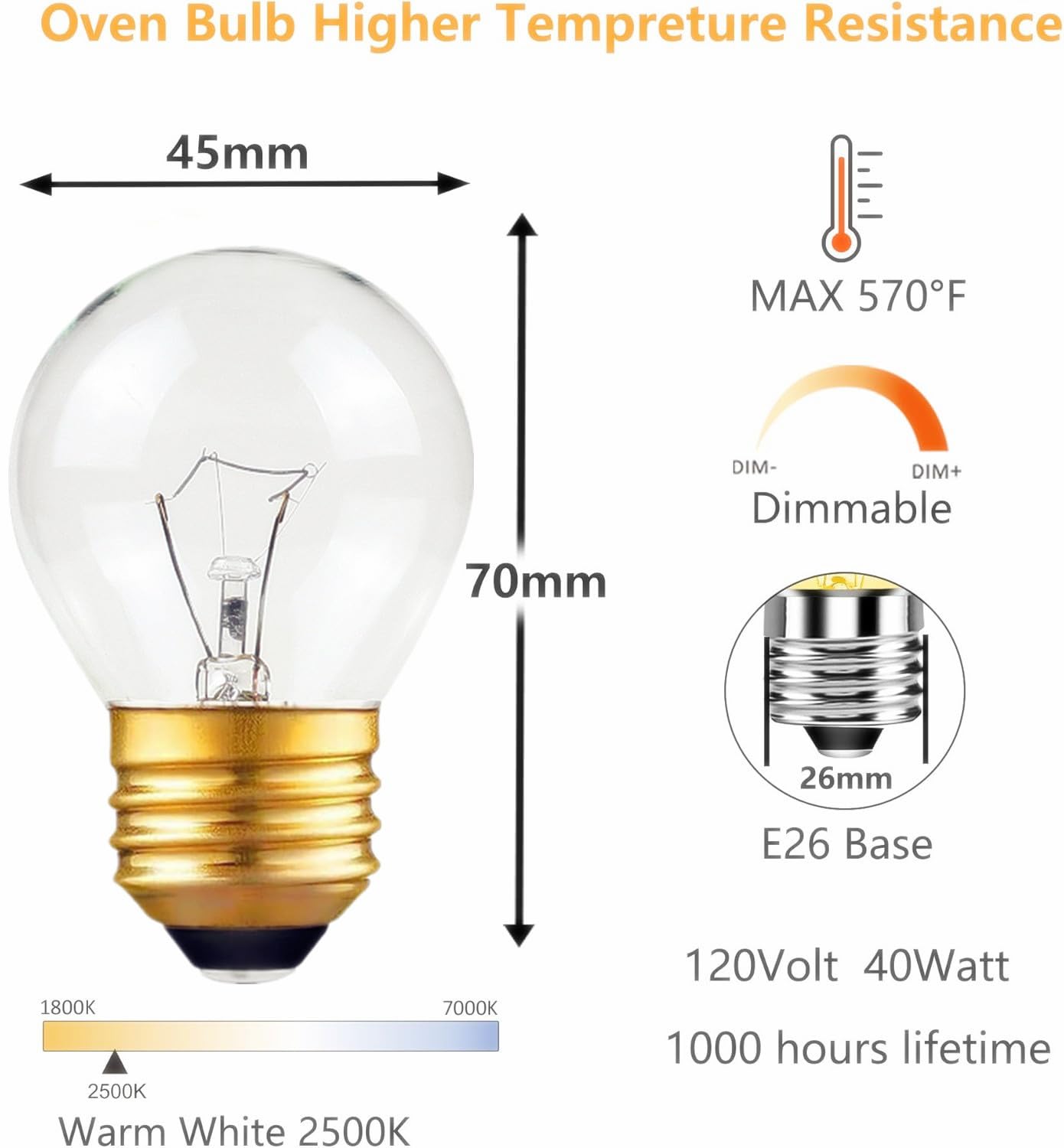 Oven Light Bulb 40 Watt Appliance Bulb, G45 Clear - High Temp 120V 415 Lumens E26 Standard Base, Light Bulbs Replacement for Oven, Refrigerator, Microwave, E26 Medium Base, 110 to 130 Volt (2pack)