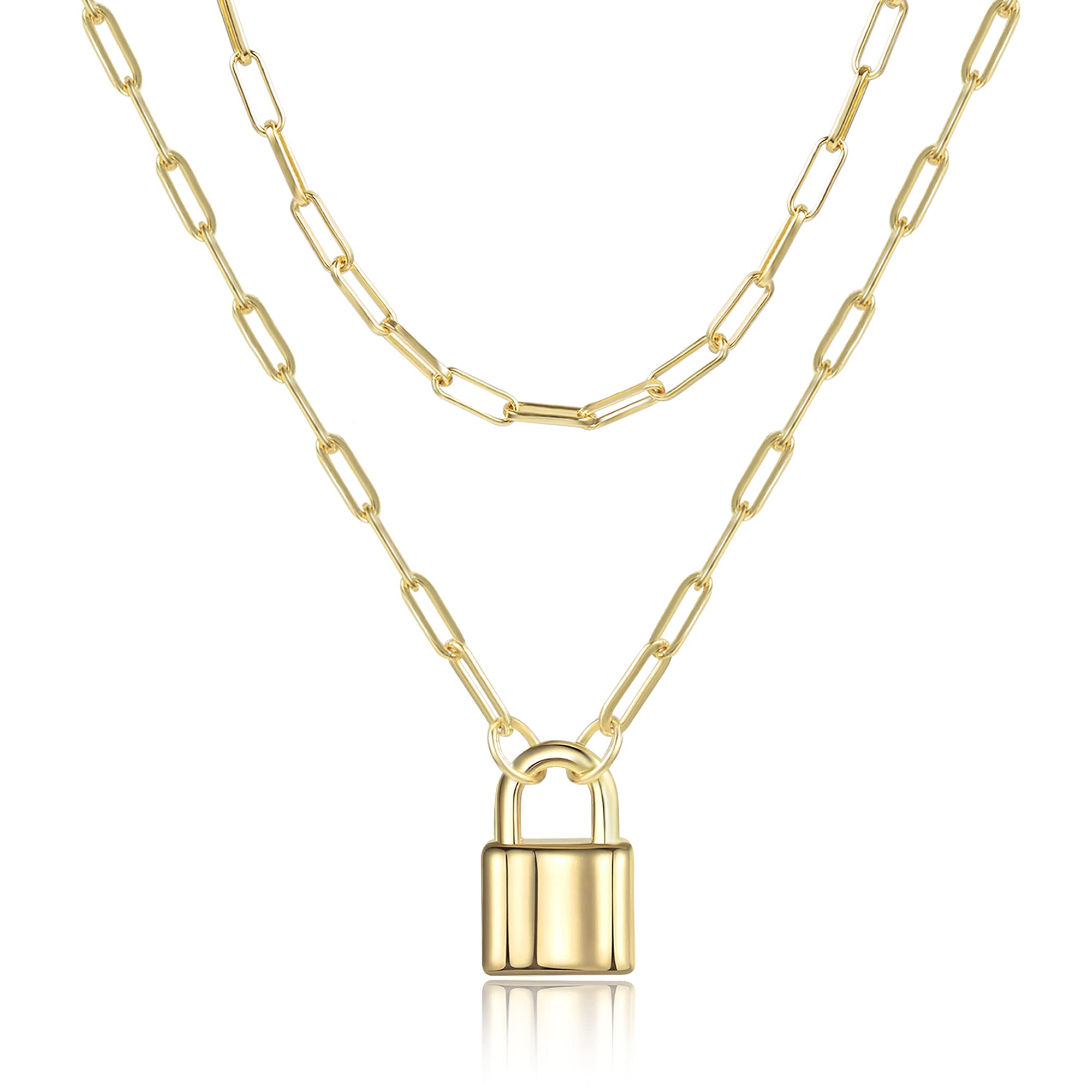 BOUTIQUELOVIN14K Gold Plated Layered Lock Pendant Necklace | Set of 2 Paperclip Link Chain Necklace with Lock Jewelry