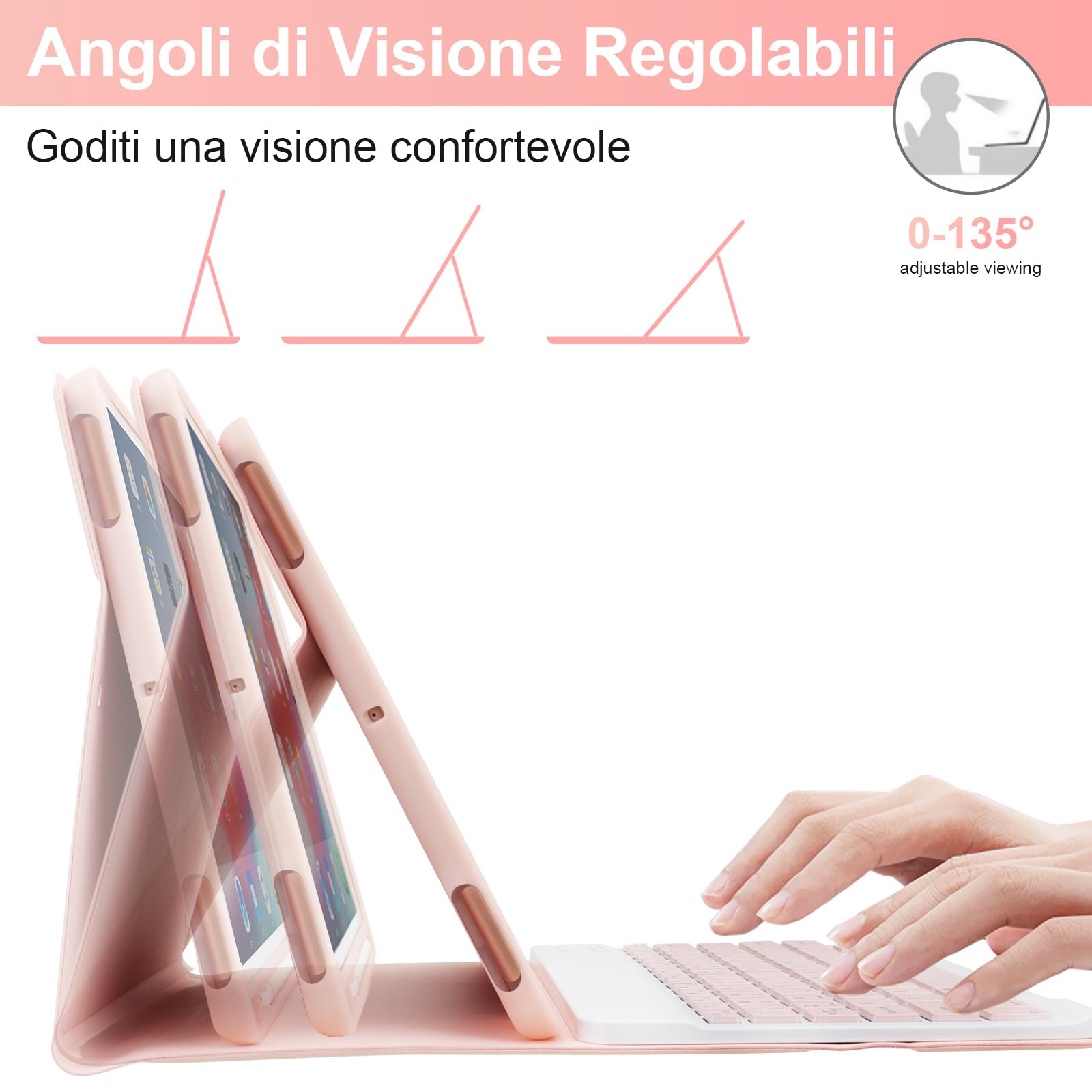 SOPPY Custodia Italiana Tastiera per iPad 9a/ 8a/ 7a Generazione/iPad Pro/Air 3a 10.5", Wireless Tastiera Staccabile, con Slot per Penna Stilo, Layout Italian - Rosa