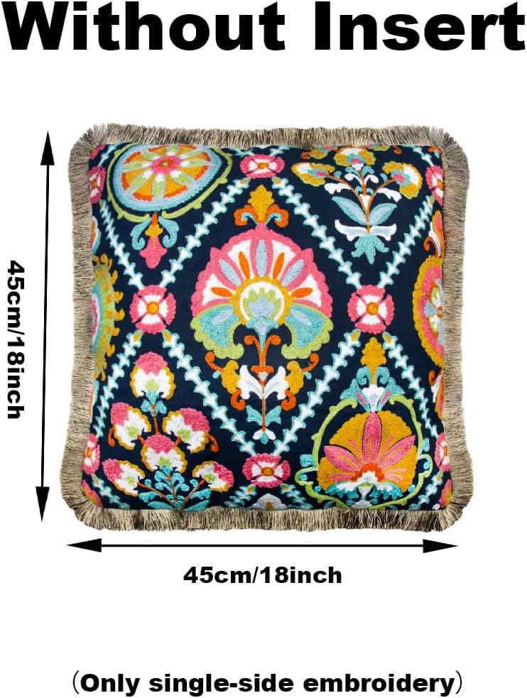 ELANE Embroidered Throw Pillow Covers - Floral 18x18 Inch for Couch, Car, Office, Living Room, Sofa, Bed - Tassel Colorful (2 Pack)
