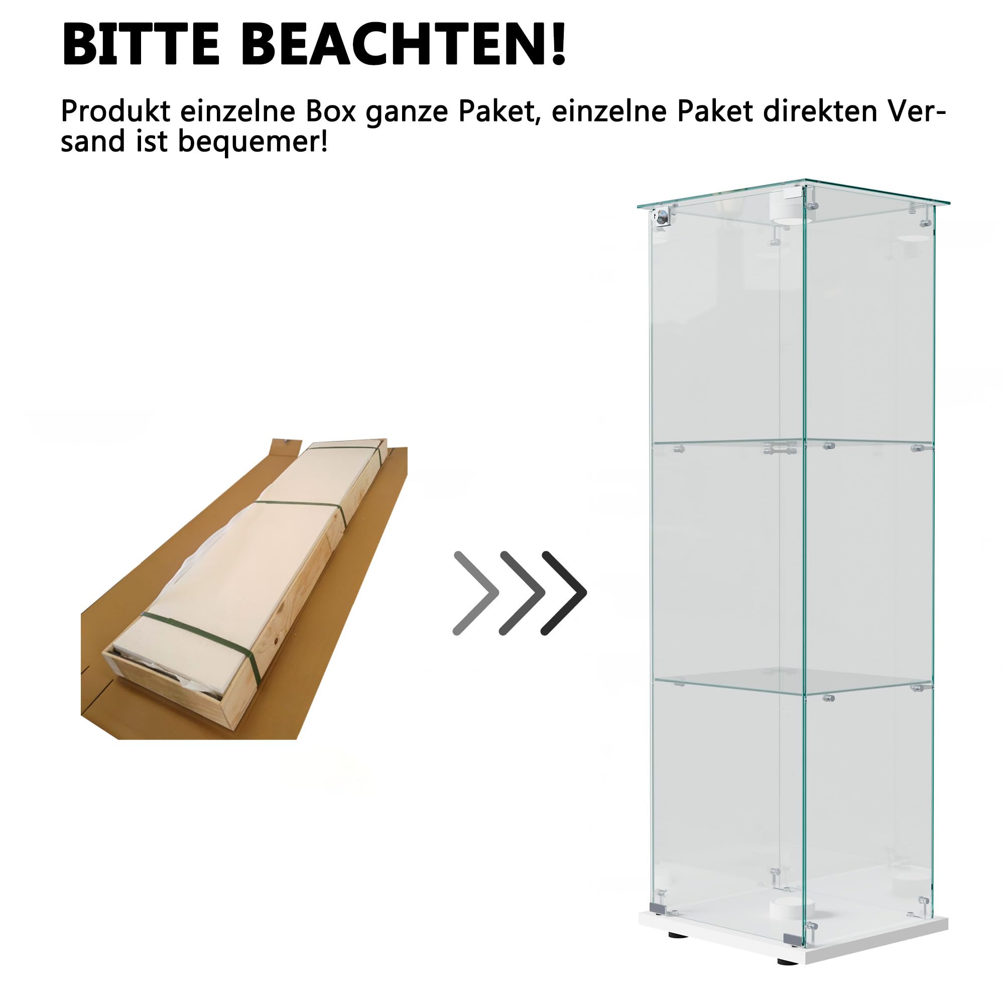 Glasvitrine Standvitrine mit LED, Glasvitrine Stehend mit 3 Lagen Glas, Vitrinenschrank 1 TüR & Schloss Vitrine Glasschrank für Wohnzimmer Büro Sammlerstücke
