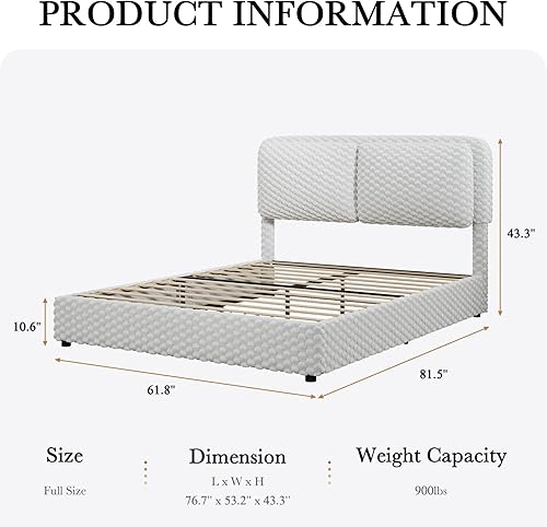Miniatura 2 de Marco de cama de tamaño matrimonial, marco de cama suave con 2 cabeceras de almohada, marco de cama tapizado de felpa de piel sintética, no requiere