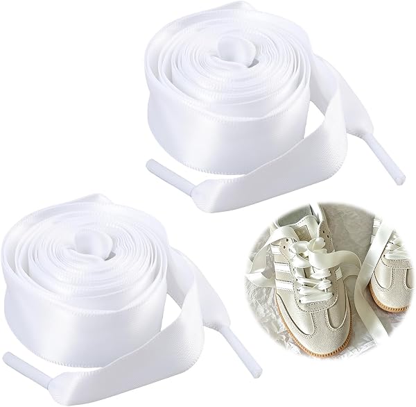 2 Paires de Lacets en Ruban de Satin, 140cm & 160cm, 2cm de largeur, Lacets Plats en Satin Blanc pour Baskets, Bottes et Chaussures Plates - 1
