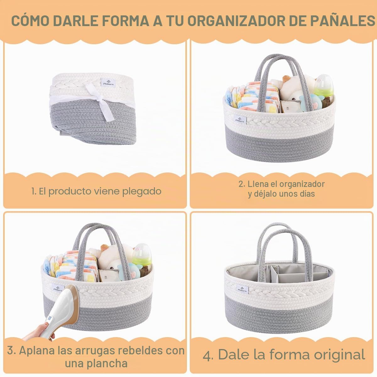 PHILORN Organizador de Pañales para Bebé, Canasta de Almacenamiento Portátil de Pañales Tejidos con Cuerda de Algodón con Compartimentos Extraíbles, Organizador de Carrito de Pañales para Bebés