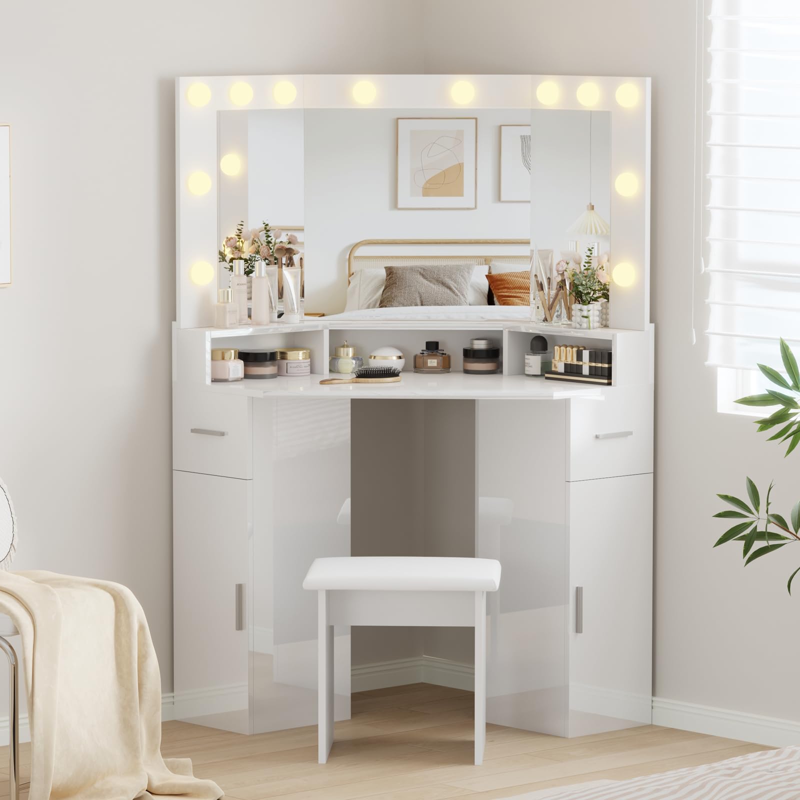 BSTSEL Corner High Gloss Dressing Table with Mirror and Stool, Adjustable LED Lights Vanity Desk 3 Compartments, 2 Drawers, 2 Cabinets, Large Storage Makeup Table for Bedroom Living Room Corner