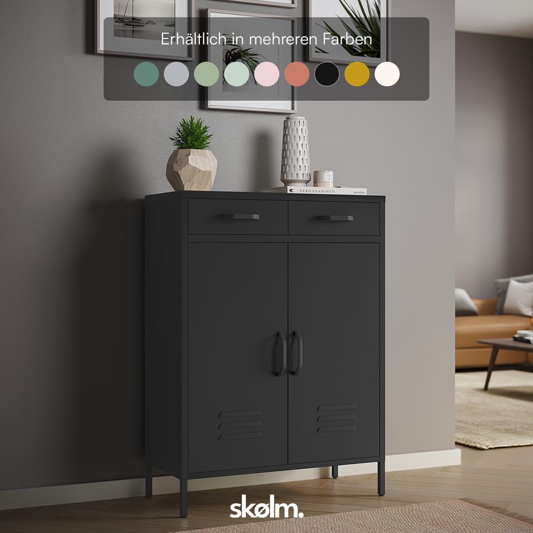 skølm Atria Metall Kommode – Sideboard in Schwarz – Metallschrank mit 2 Fächern & 2 Schubladen – Mehrzweckschrank – Industrial Highboard – Aufbewahrungsschrank/Flurschrank – Flexible Einlegeböden
