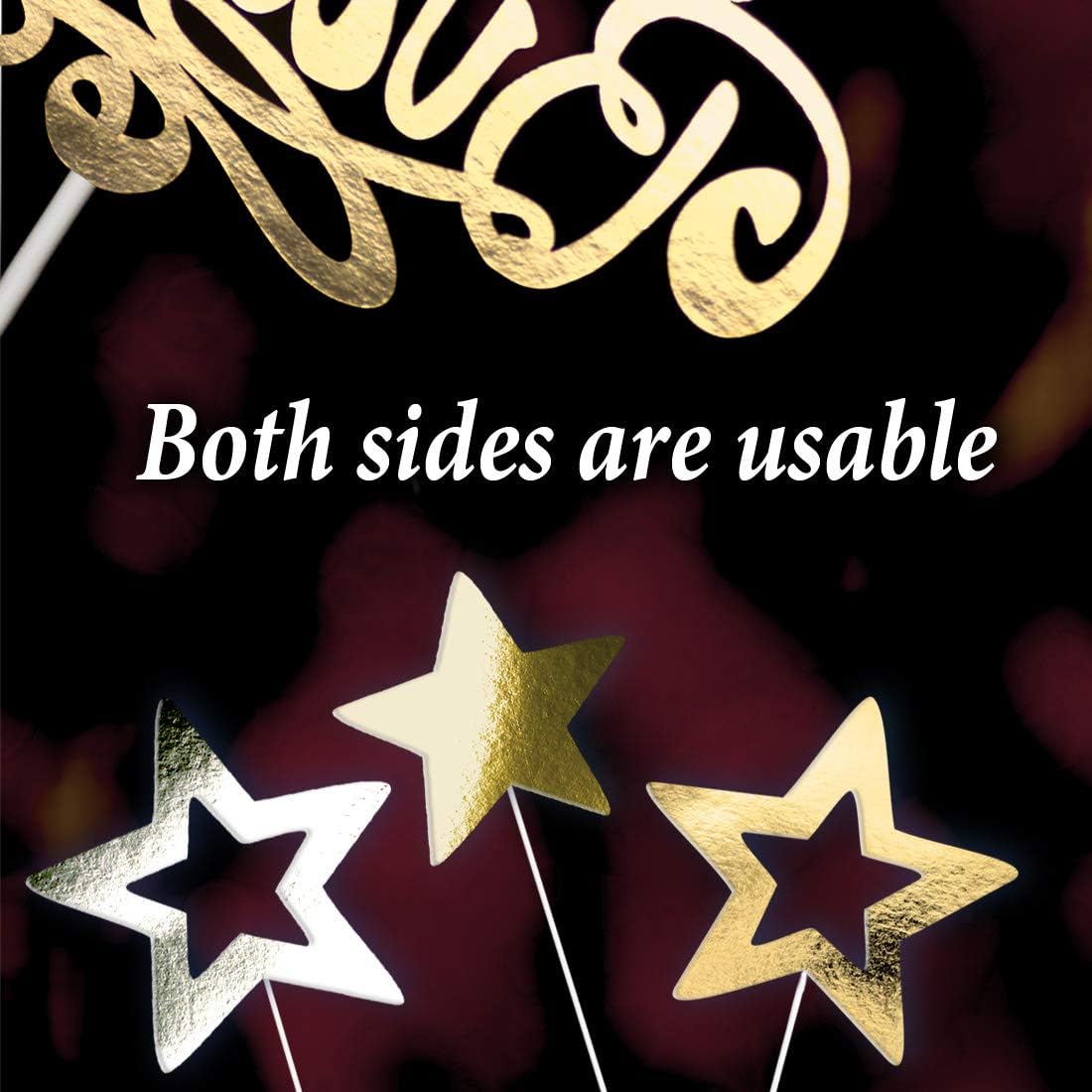 Blue Happy Birthday Cake Topper with 5 Silver-Gold Double Sided Stars Stars