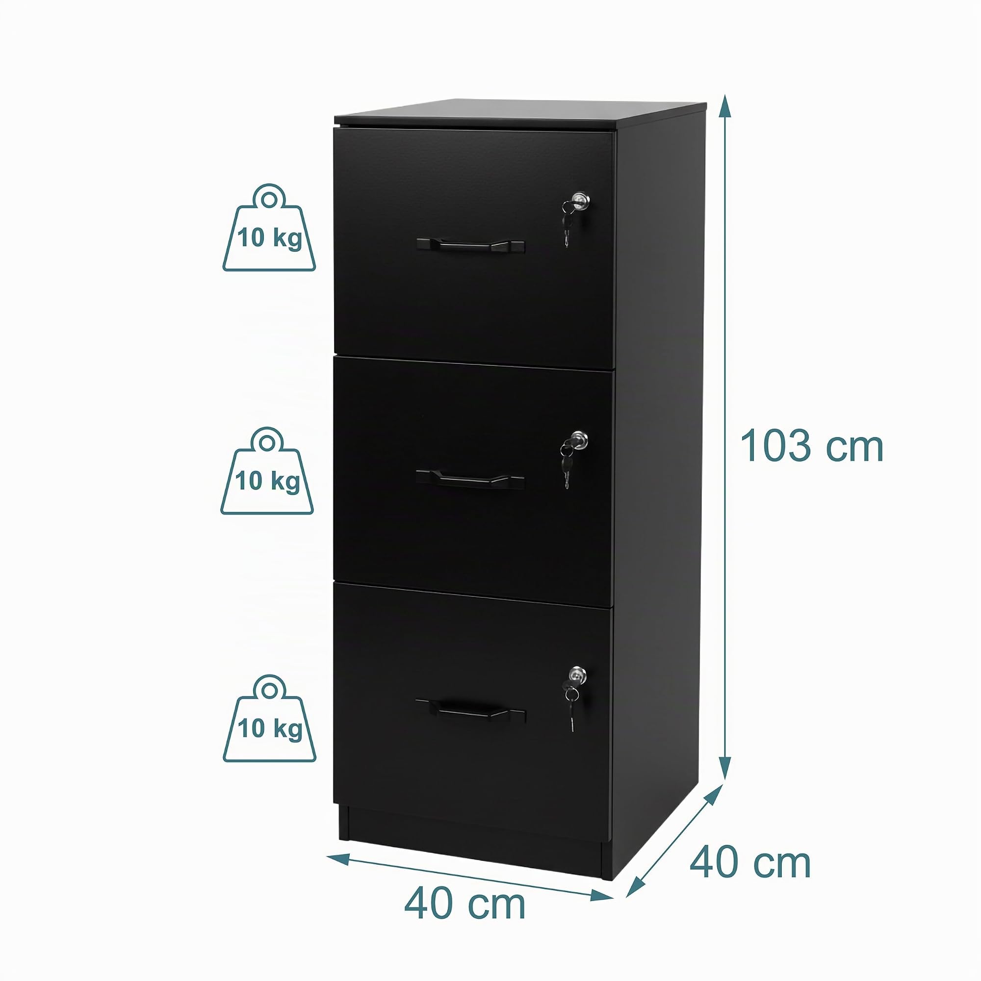 Relaxdays Armadietto Portadocumenti con cartelle sospese, 3 cassetti Serratura, HxLxP: 103 x 40 x
