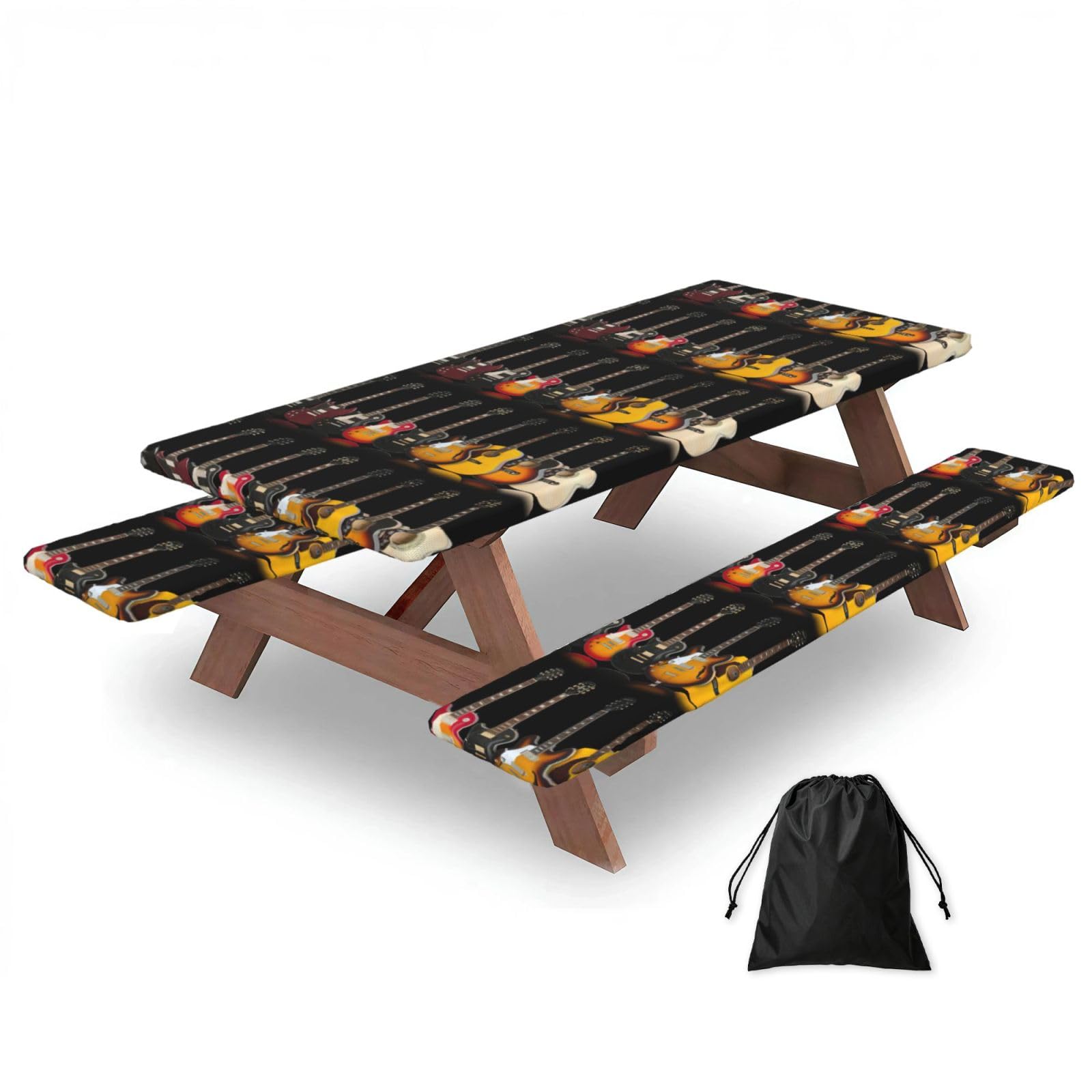 Zyjhyy Black Electric Guitar Print 3 Pack Wipeable Picnic Bench Cover And Table Cover Lightweight Table Cloth For Camping Outdoor