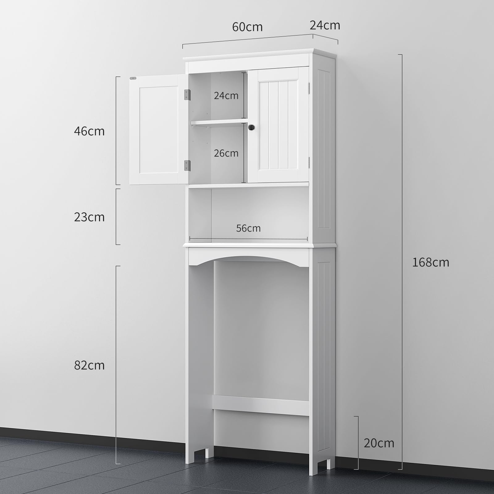 Bealife Meuble WC, Étagère de Toilettes sur Pied, Meuble Toilette avec 2 Portes, Étagères Réglables et Compartiments Ouverts, Blanc
