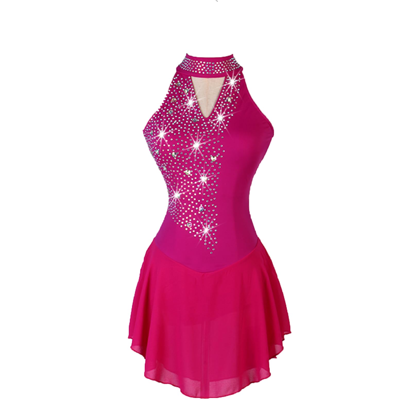 Vestido de Patinaje artístico, Traje de competición cómodo de Malla de Diamantes de imitación, Leotardo de Danza de Ballet lírico y Gimnasia, Vestido de Patinaje sobre Hielo (Rosered XL)
