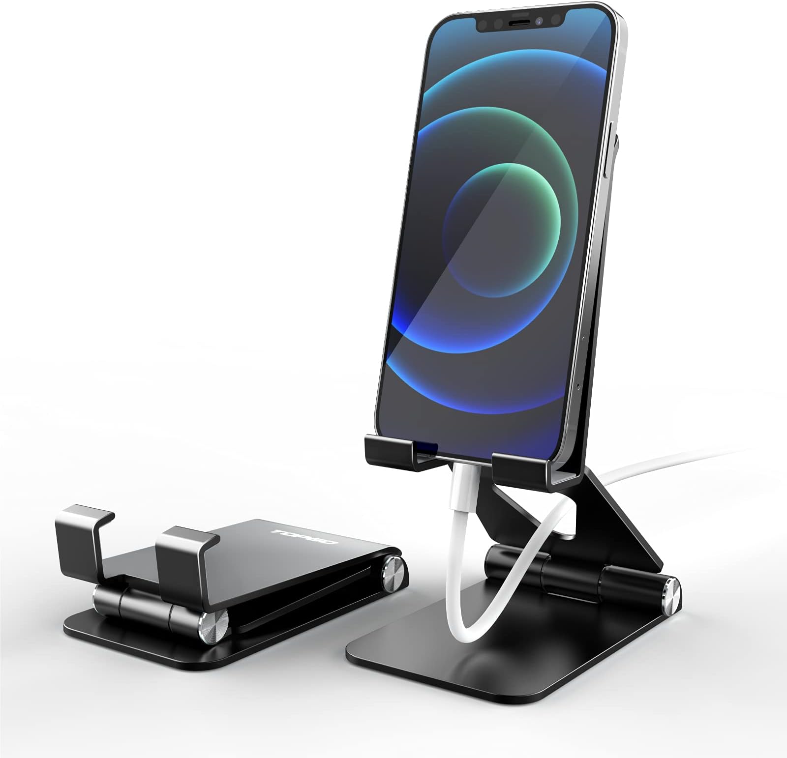 TOPGO Cell Phone Stand, [Stable & Height Adjustable] Foldable Cellphone Holder for Desk, Office Desktop, Bedside Table, Compatible with iPhone 14/Smartphones/iPad Mini (Black)