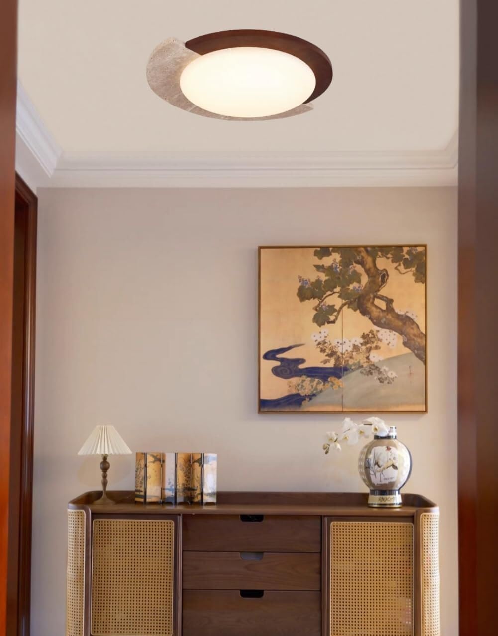 Wooden Ceiling Light Fixture Natural Stone Round Shape Farmhouse Flush Mount Lighting Travertine Ceiling Lamp Acrylic Shade 9.8" Walnut Wood Color LED Ceiling Lights (Medium-30cm)