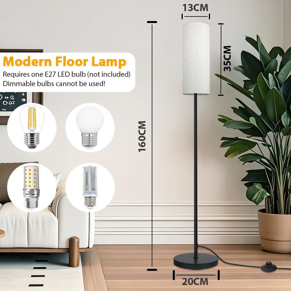 Moderne Stehlampe E27 Schwarz mit Stoffschirm Weiß | Fußschalter, Für Wohnzimmer, Schlafzimmer, Arbeitszimmer, Für Schülerzimmer